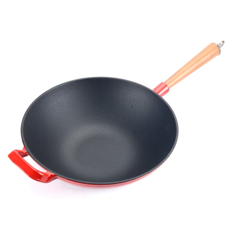 Wok in ghisa smaltata con manico in legno