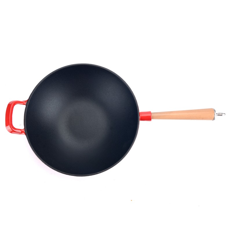 Wok in ghisa smaltata con manico in legno
