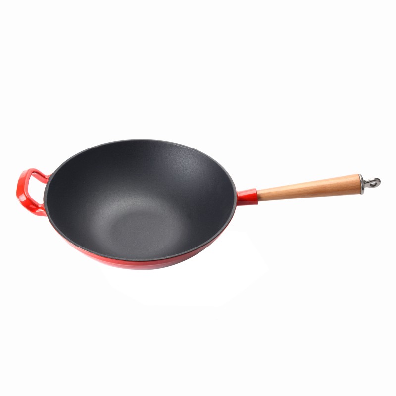 Wok in ghisa smaltata con manico in legno