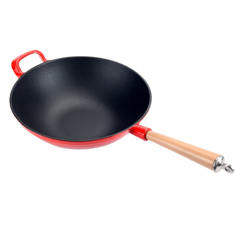 Wok in ghisa smaltata con manico in legno