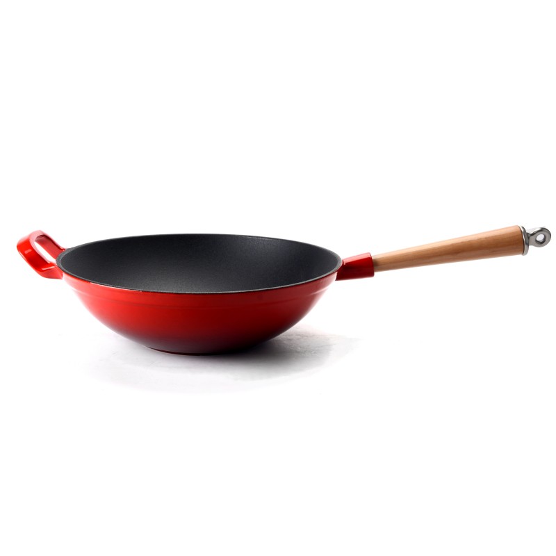Wok in ghisa smaltata con manico in legno