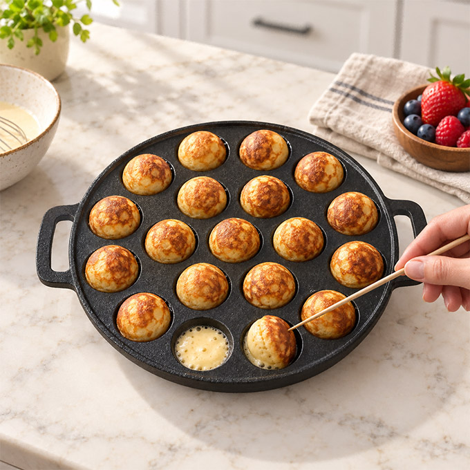 Padella Aebleskiver in ghisa prestagionata con doppio manico