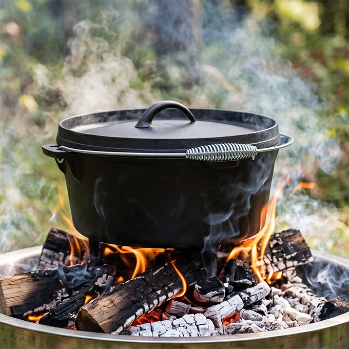 Forno da campeggio in ghisa con alza-coperchio e borsa per la conservazione