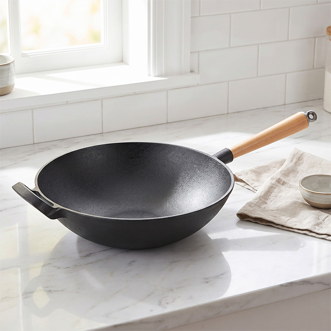 Wok cinese in ghisa pesante con manico in legno staccabile, padella in ghisa a fondo piatto spesso