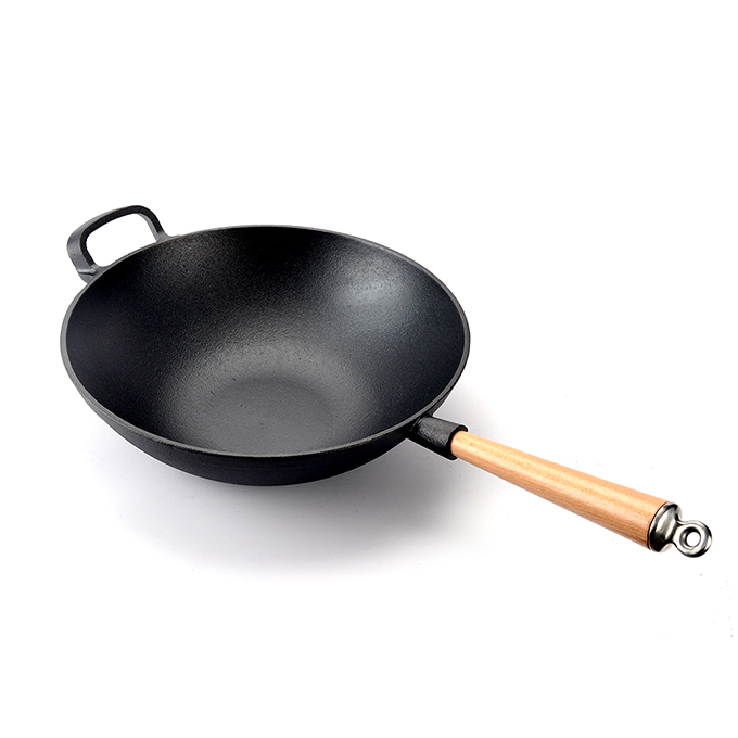 Wok cinese in ghisa pesante con manico in legno staccabile, padella in ghisa a fondo piatto spesso