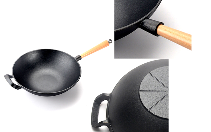 Wok cinese in ghisa pesante con manico in legno staccabile