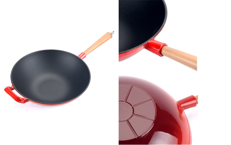 Wok in ghisa smaltata con manico in legno