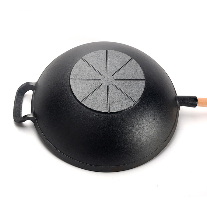 Wok cinese in ghisa pesante con manico in legno staccabile, padella in ghisa a fondo piatto spesso