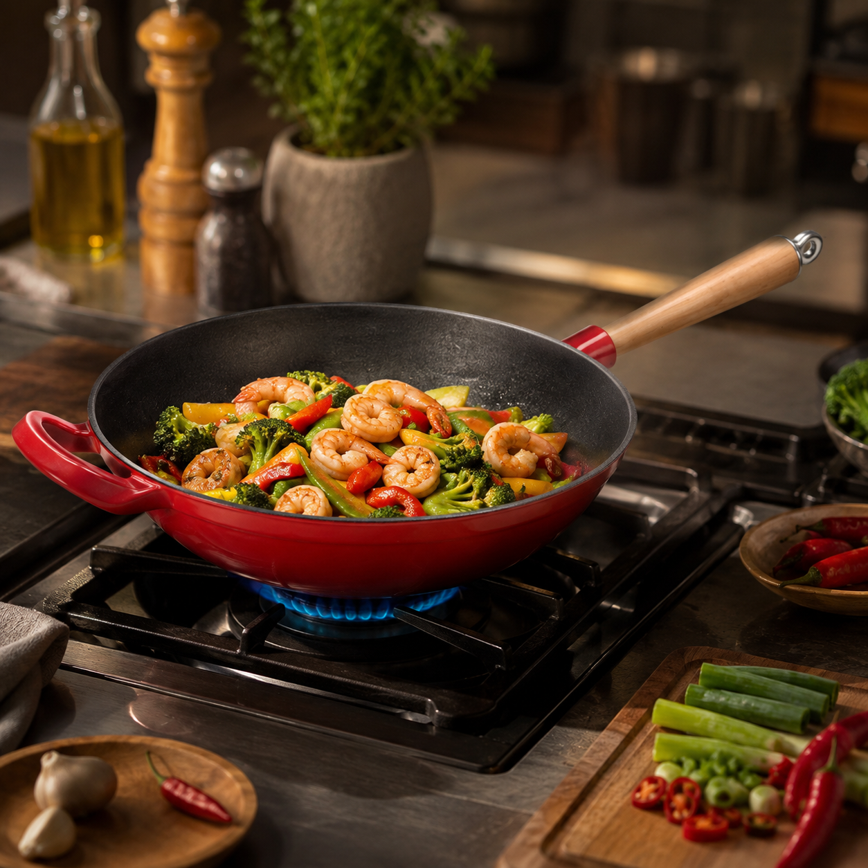 Wok in ghisa smaltata con manico in legno