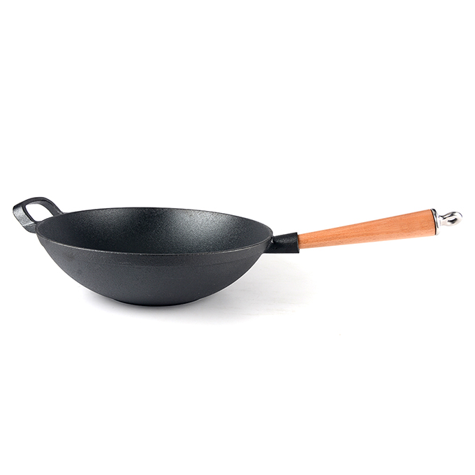 Wok cinese in ghisa pesante con manico in legno staccabile, padella in ghisa a fondo piatto spesso