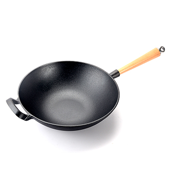Wok cinese in ghisa pesante con manico in legno staccabile, padella in ghisa a fondo piatto spesso