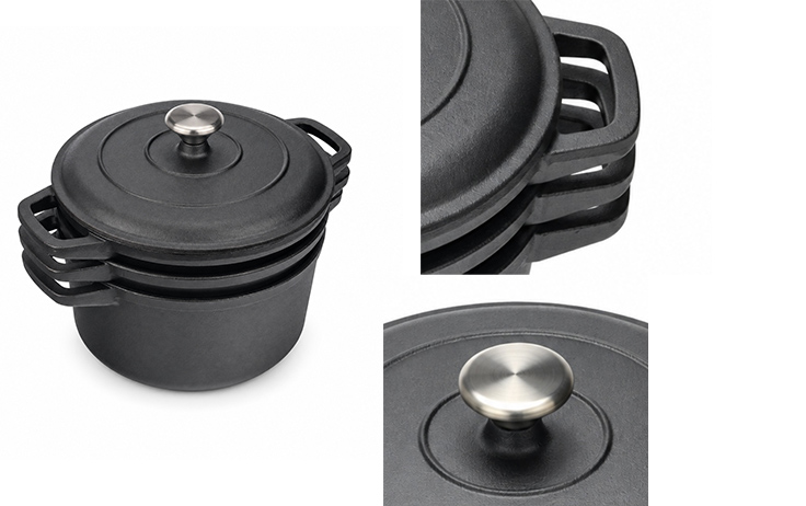 Set di pentole in ghisa impilabili da 3 pezzi con coperchio